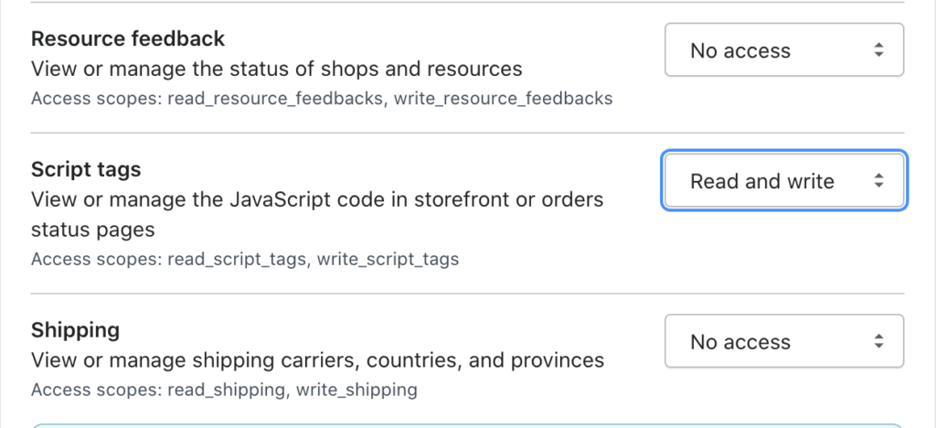 Skripta tagu atļauju nomaiņa uz Lasīt un rakstīt Shopify.