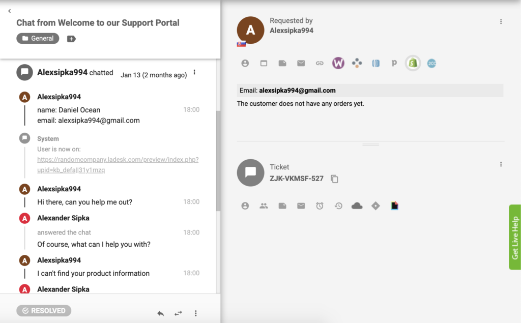 Shopify spraudnis ir aktīvs pakalpojumā LiveAgent, un klientu pasūtījumus var redzēt no palīdzības pieteikumu skata.