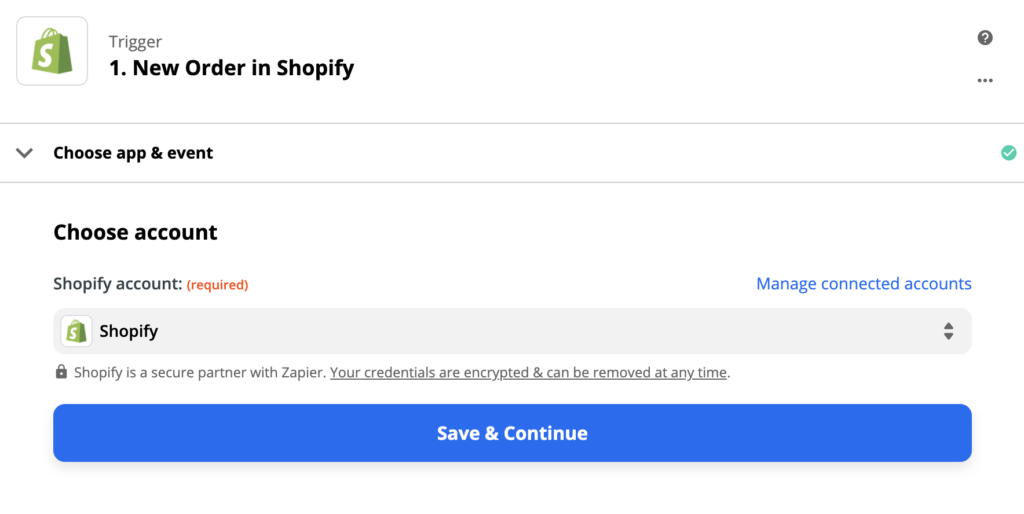 Shopify trigera konfigurācija Zapier