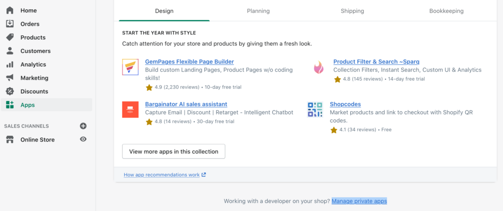Privāto lietotņu pārvaldīšanas opcija Shopify Apps apakšā