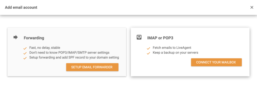IMAP/POP3 vai Pārsūtīšanas izvēle LiveAgent