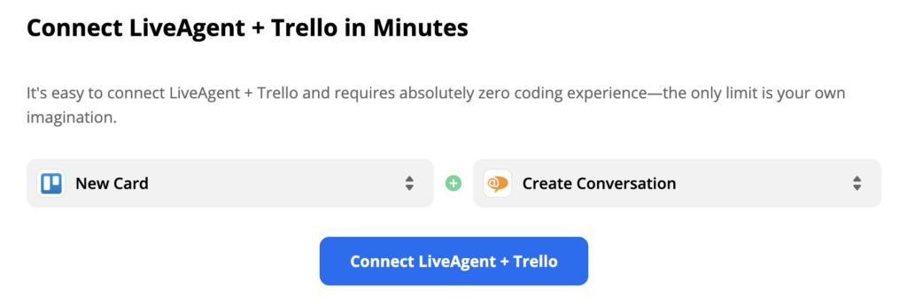 Trello Trigeris Jauna karte un LiveAgent darbība Izveidot sarunu